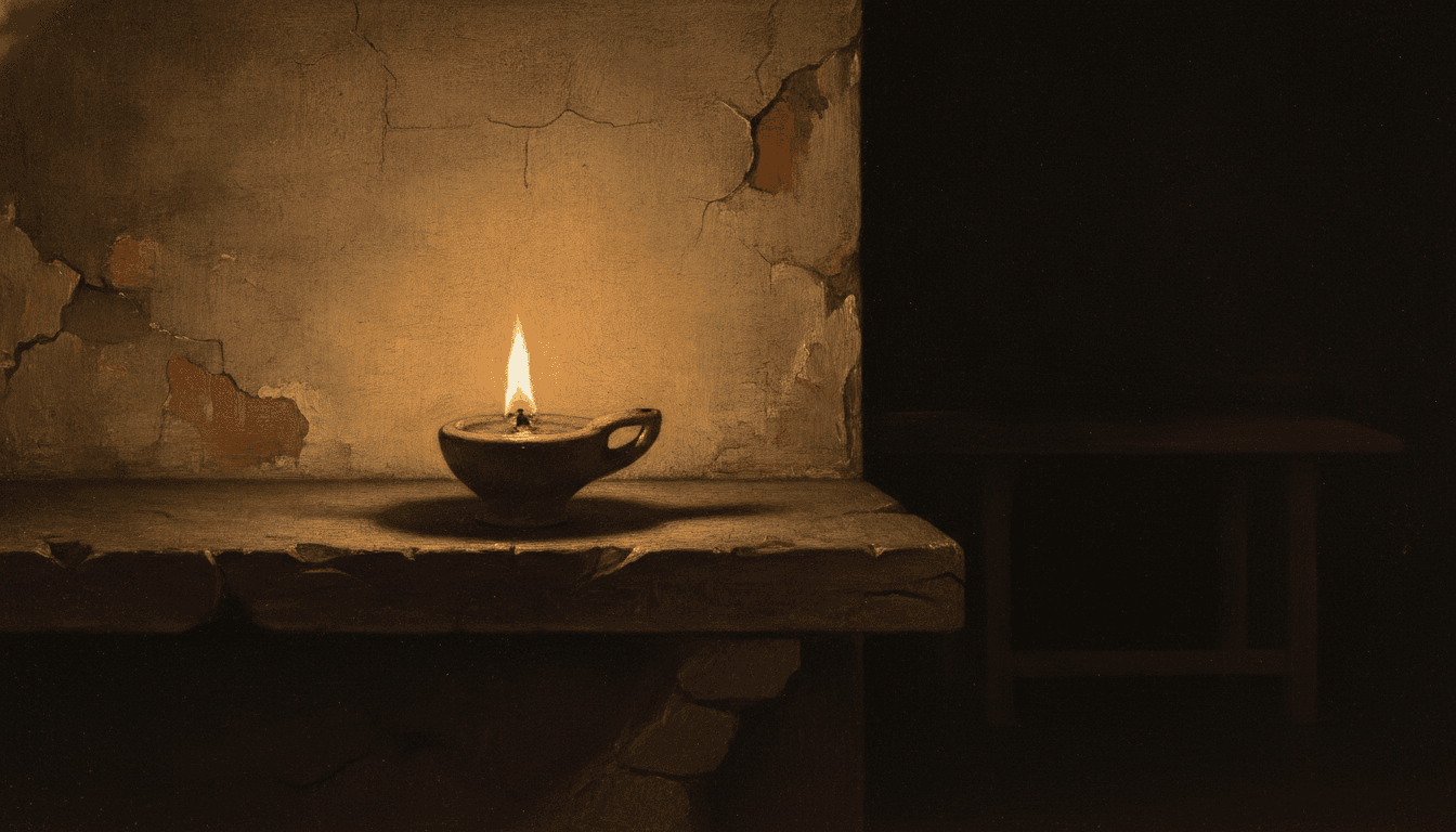 An oil lamp burning in a simple first-century house